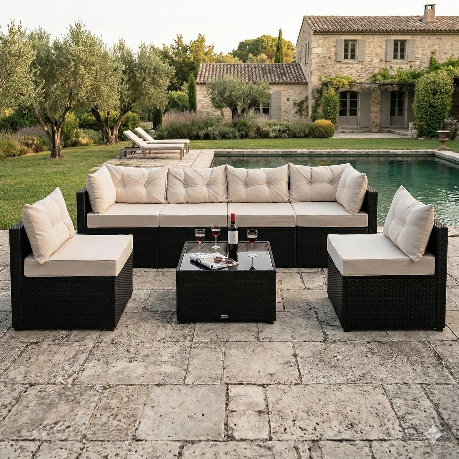 jardinite - NACULA - Salon de jardin 5 places, résine tressée, coussins beige, table basse verre, extérieur