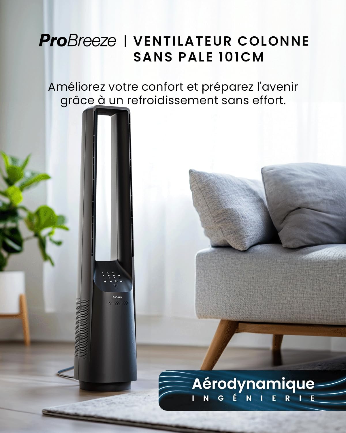 jardinite - Ventilateur colonne sans pales - 101 cm - WiFi, ultra silencieux, LED, télécommande, 6 vitesses, 5 modes, o