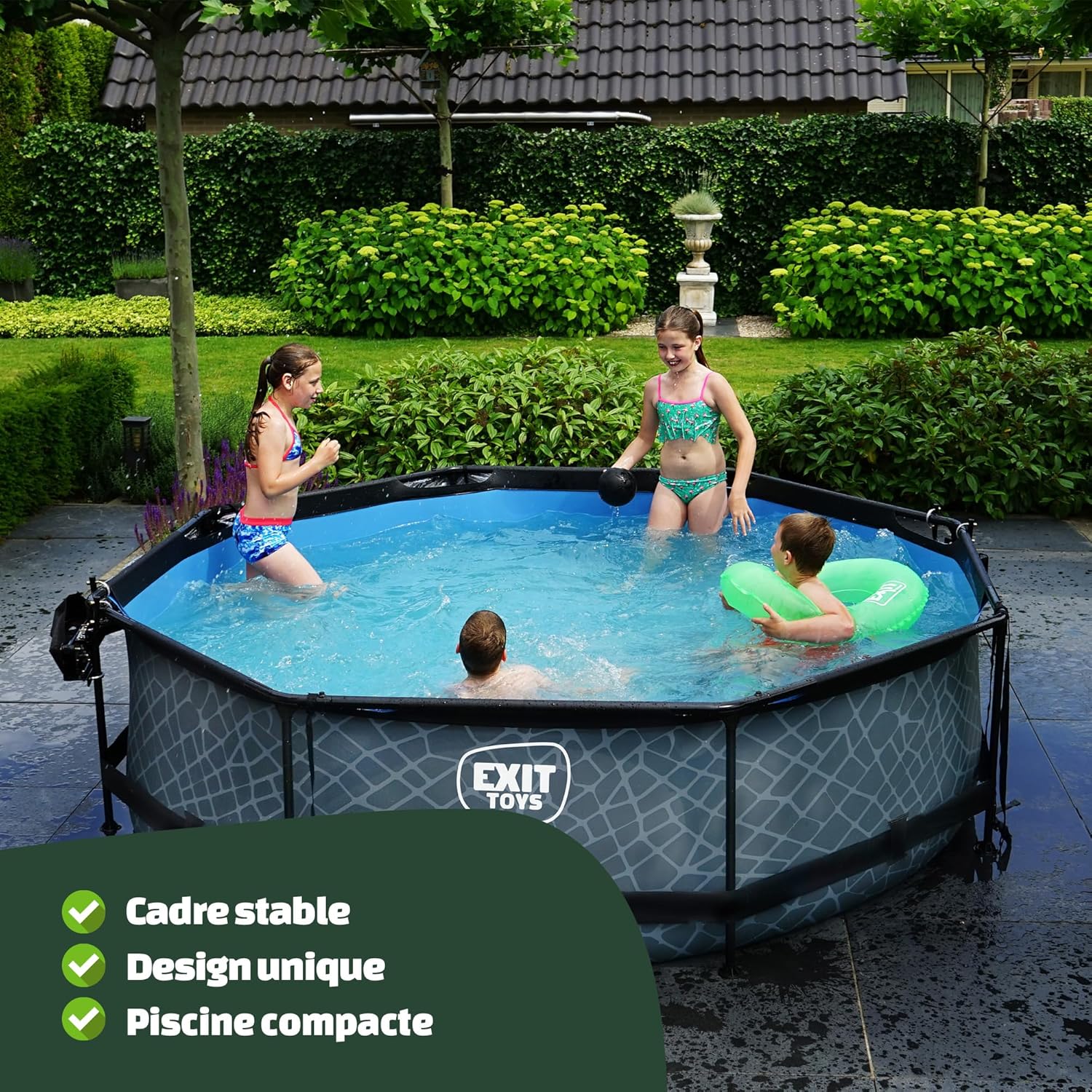jardinite Piscine Tubulaire Stone - ø360x76cm - Piscine Hors Sol Ronde Grande avec Pompe Filtrante à Cartouche - Entrée Basse - Idéal pour Les Jeunes Enfants - Cadre Stable - Design Unique - Gris