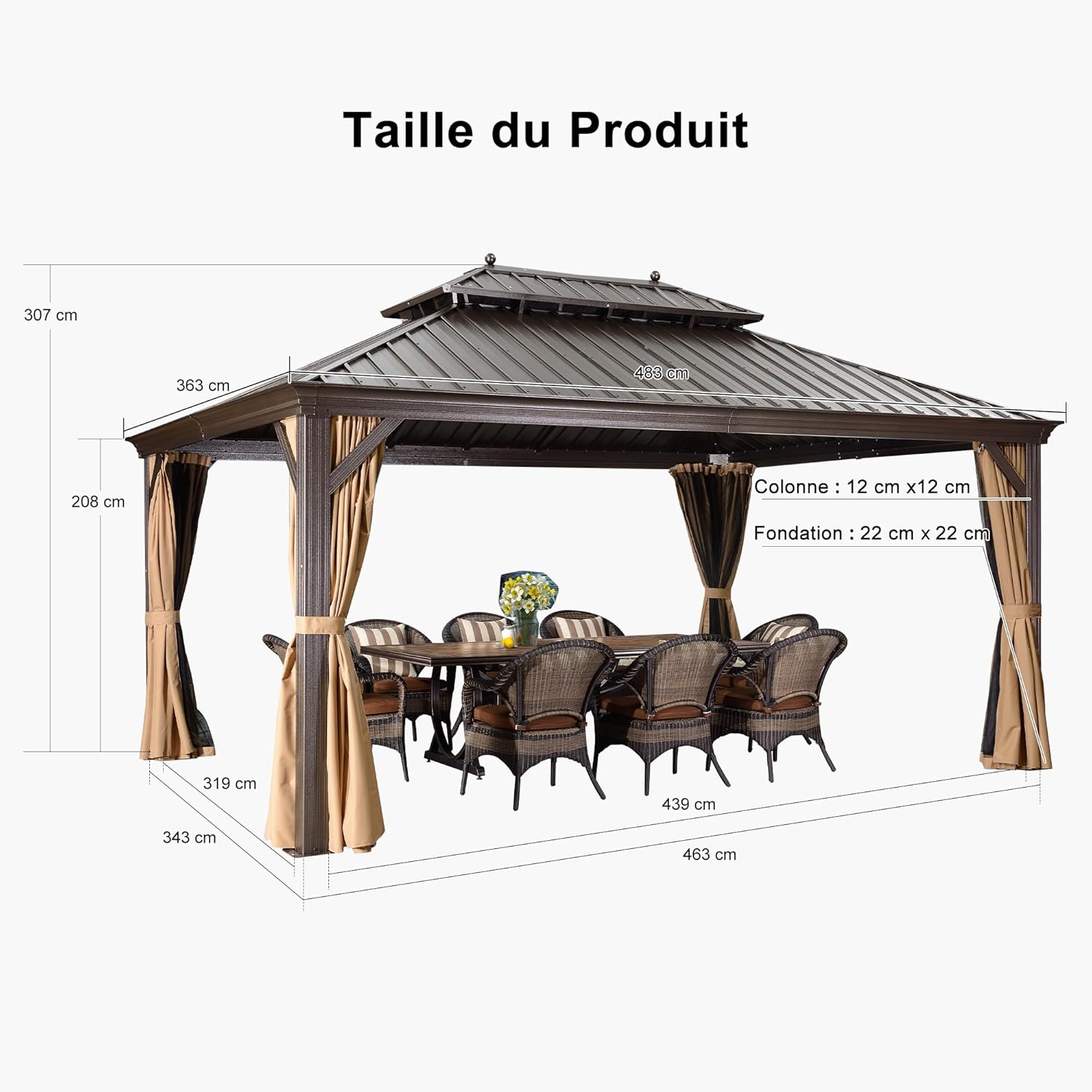 jardinite - Pergola toit double 4,85x3,65m acier moustiquaire rideaux