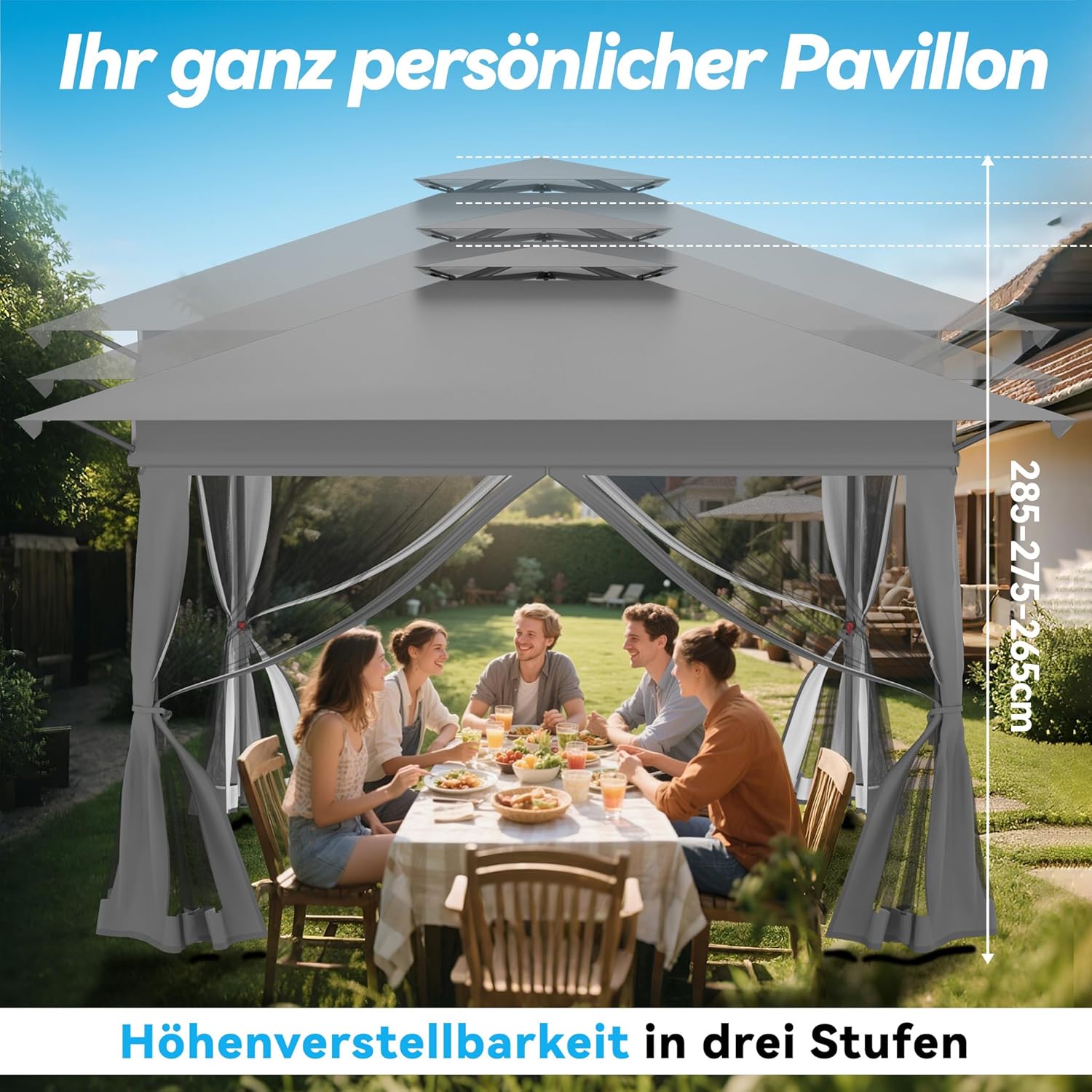 Tonnelle de jardin - Pop Up 4x4m - imperméable, UV, réglable, moustiquaire