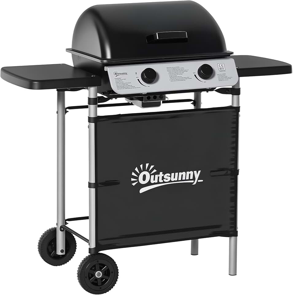 jardinite - Barbecue gaz 2 brûleurs inox, 2 grilles, 2,8kW, 2 étagères, 2 roues, noir