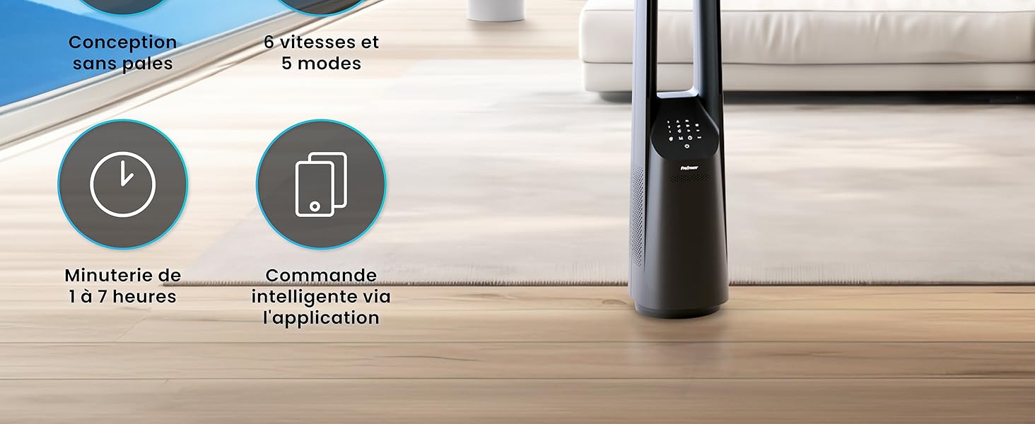 sur parquet. Les fonctionnalités incluent 8 vitesses, 4 modes, une minuterie de 12 heures et le contrôle des applications. Le texte en français indique un fonctionnement silencieux.