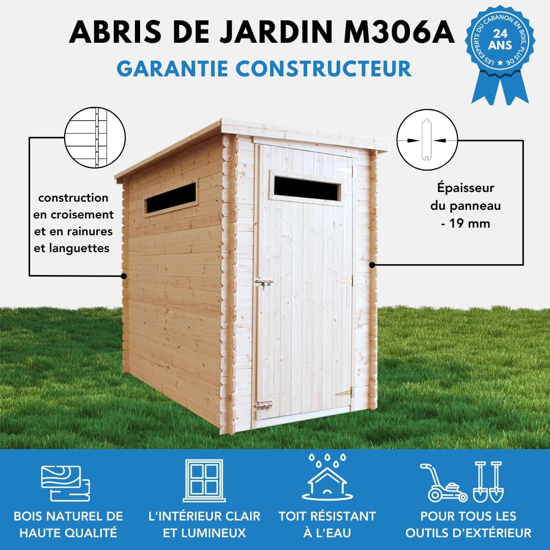 Abri de Jardin en Bois, Petite fenêtre, avec Sol TRAITÉ- Stockage extérieur l239xL144xH198 cm/2.63 m2 - Petit abri à Outils, Local à vélos - Toit imperméable, fenêtres jardinite M306A+M306G