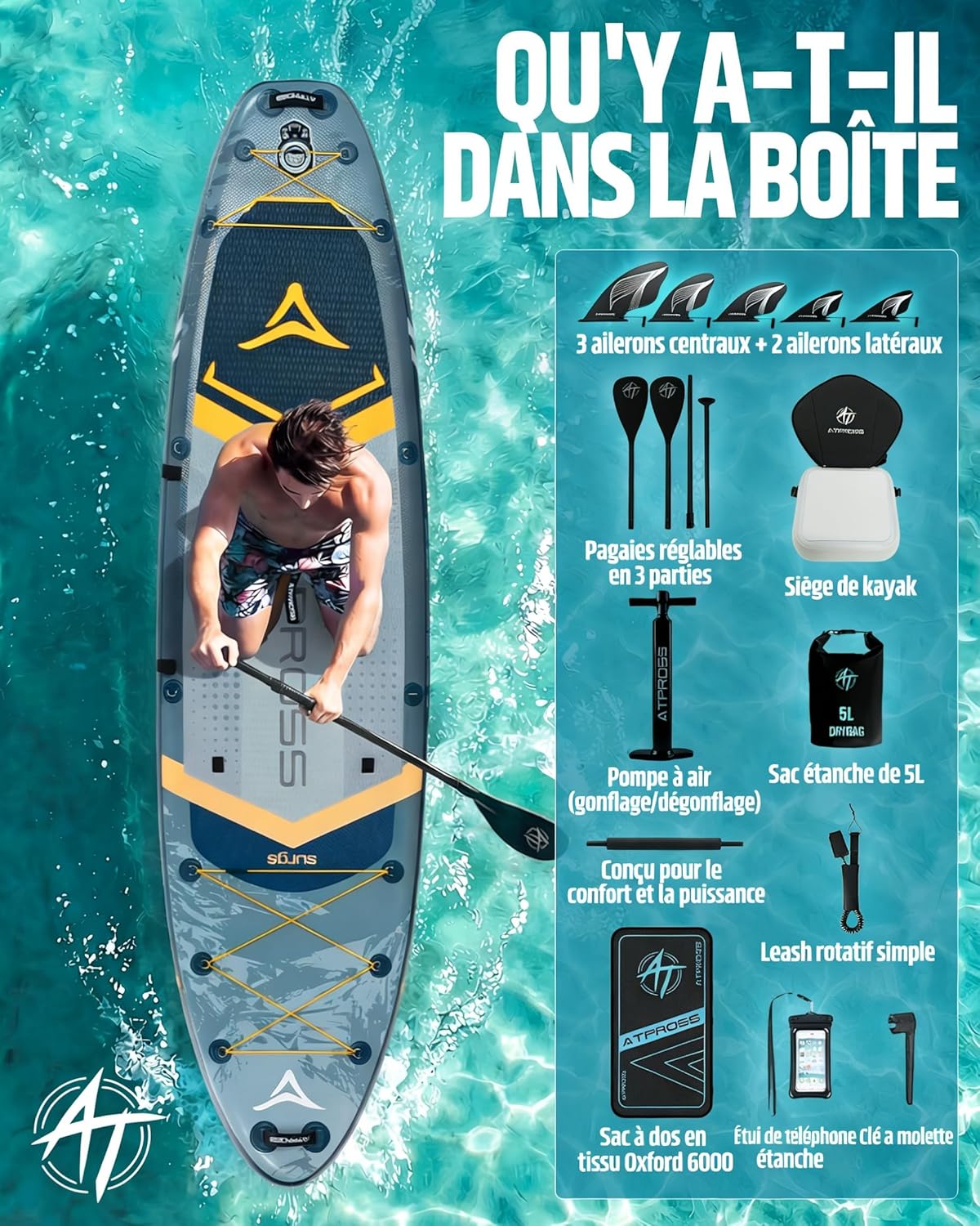 Planche de Paddle Gonflable Adulte avec Siège Kayak & Accessoires, 366x92cm Sup Extra Large & Stable, Charge 240kg, Kayak Gonflable 2 Places pour Yoga, Pêche et Surf