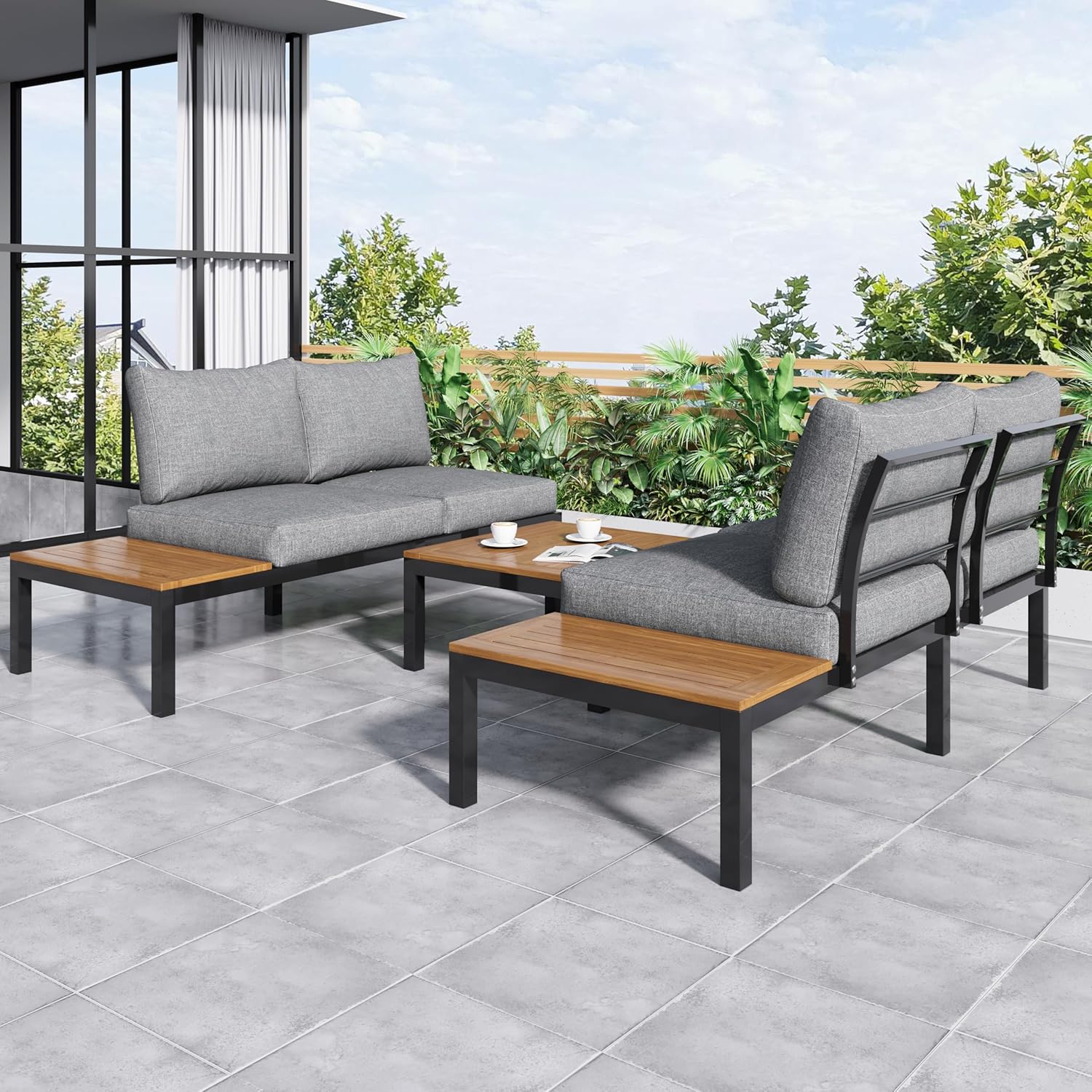 Salon de jardin - canapé 2 places, tables d'appoint, acacia, acier galvanisé, B-gris