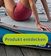 Le texte indique « Produkt entdecken ». Scène d'exercice ou de remise en forme montrant une personne sur un tapis d'exercice près de l'eau, avec un bouton d'appel à l'action vert vif.