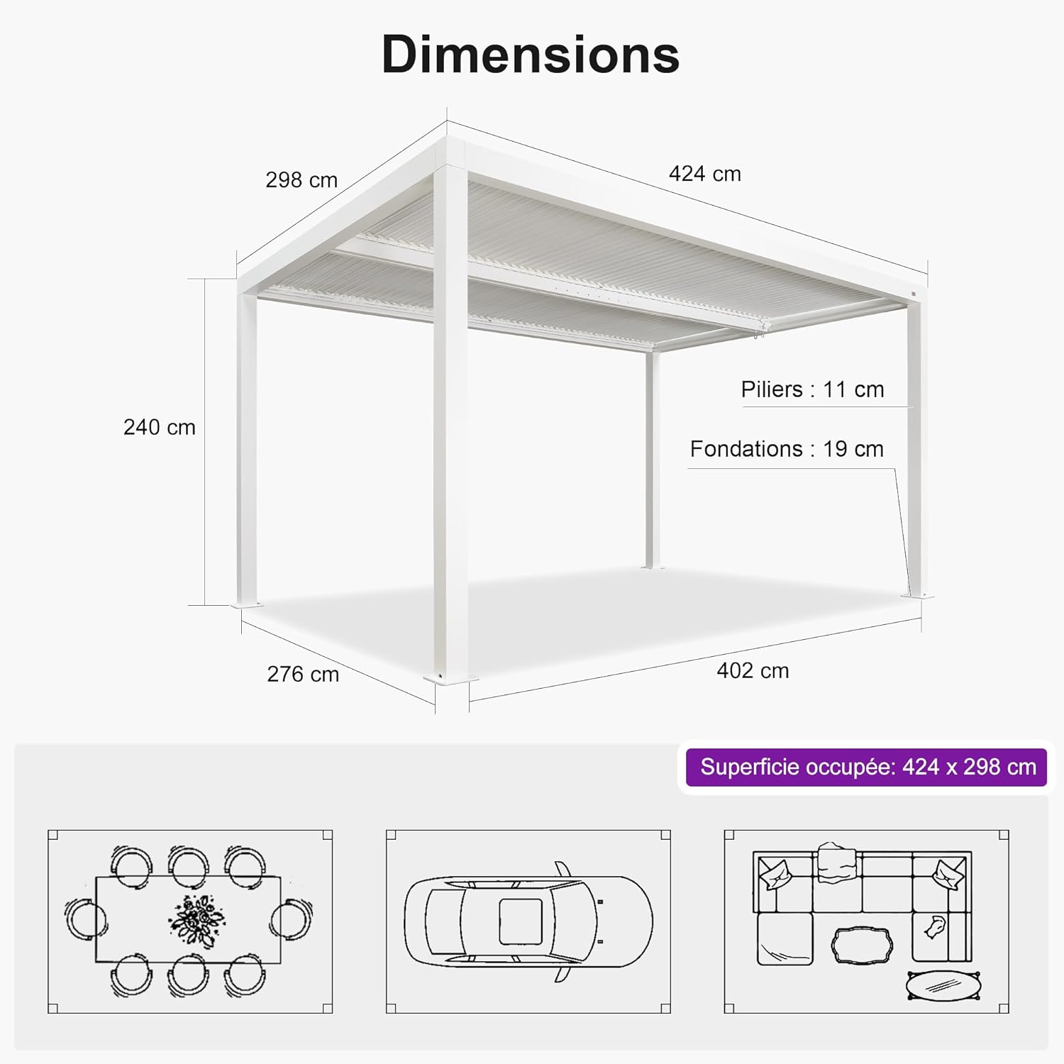 jardinite - Pergola bioclimatique 4,24x3m - alu, LED, gouttières, blanc