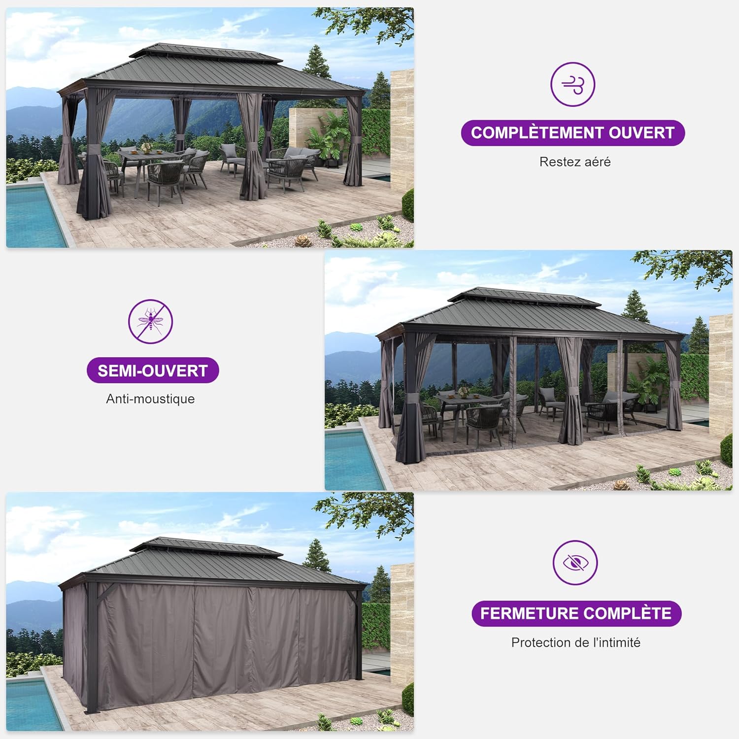 jardinite - Pergola double toit acier - 6x3,65m - moustiquaire, rideaux, gouttière, poteaux renforcés