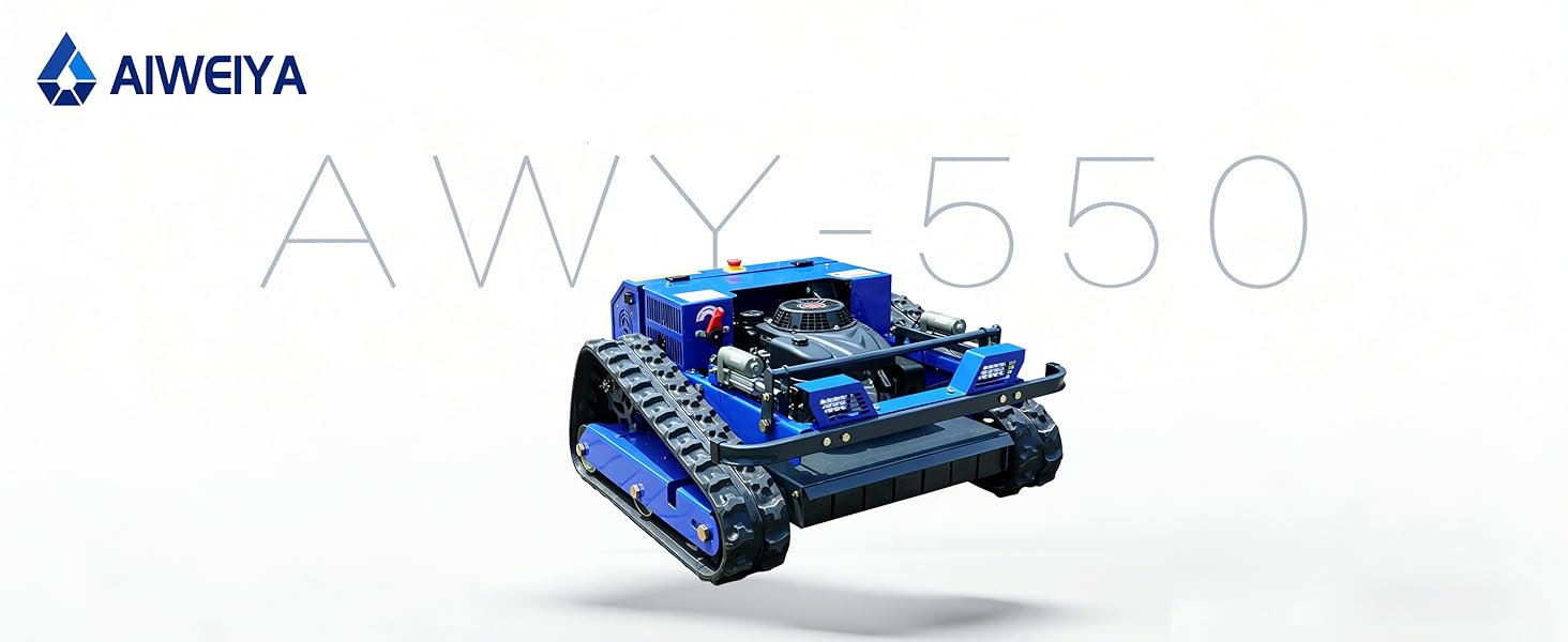 Le texte indique « jardinite » et « AW-550 ». Véhicule robotique à chenilles bleu avec des marches en forme de char, représenté en perspective 3D sur fond blanc. Image de présentation du produit technique.