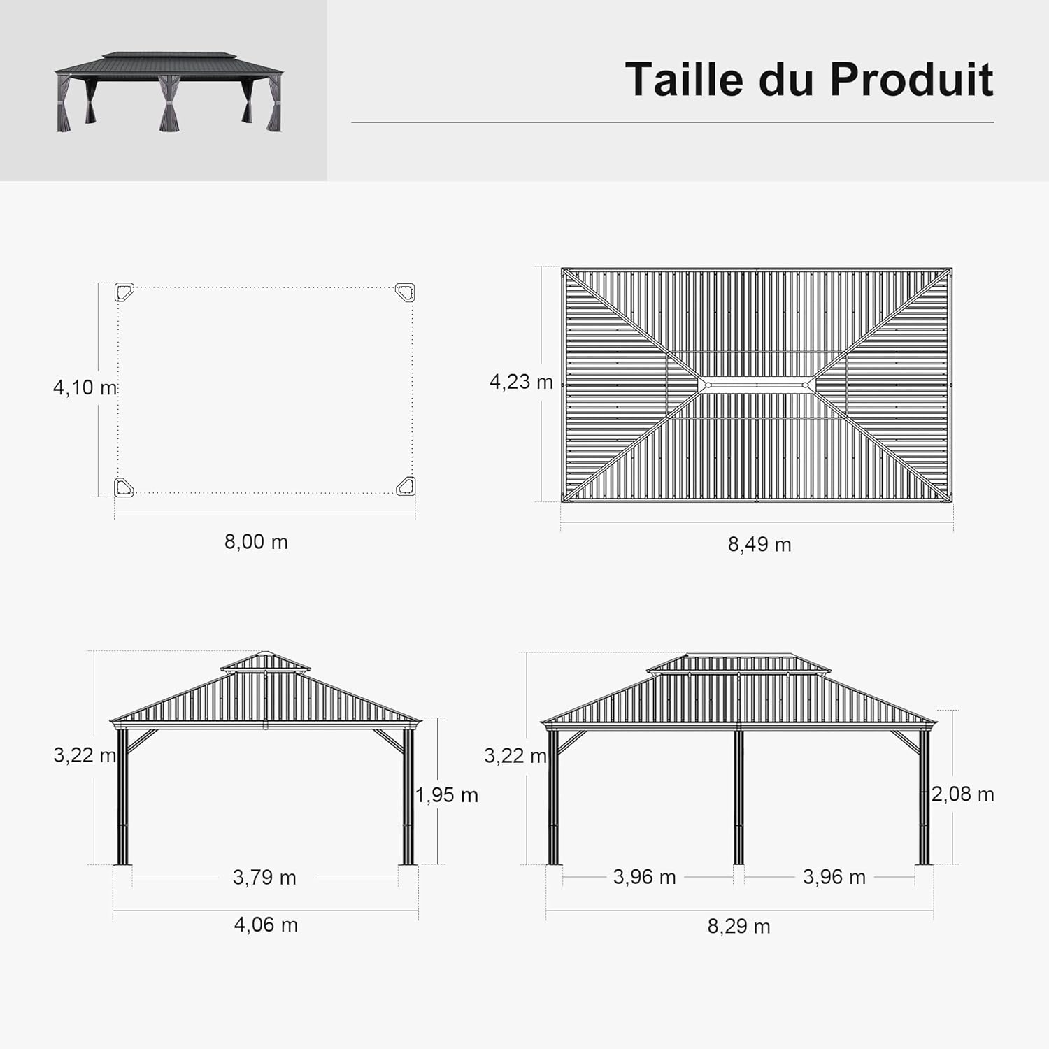 jardinite - Pergola série extérieure - 8,5x4,25m - alu, LED, rideaux, moustiquaires, gouttière