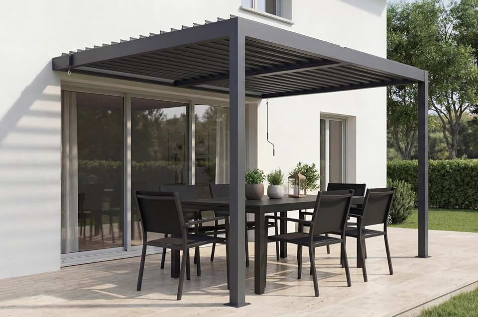 jardinite - Piana 3x2m - pergola adossée aluminium, gris, 1 persienne