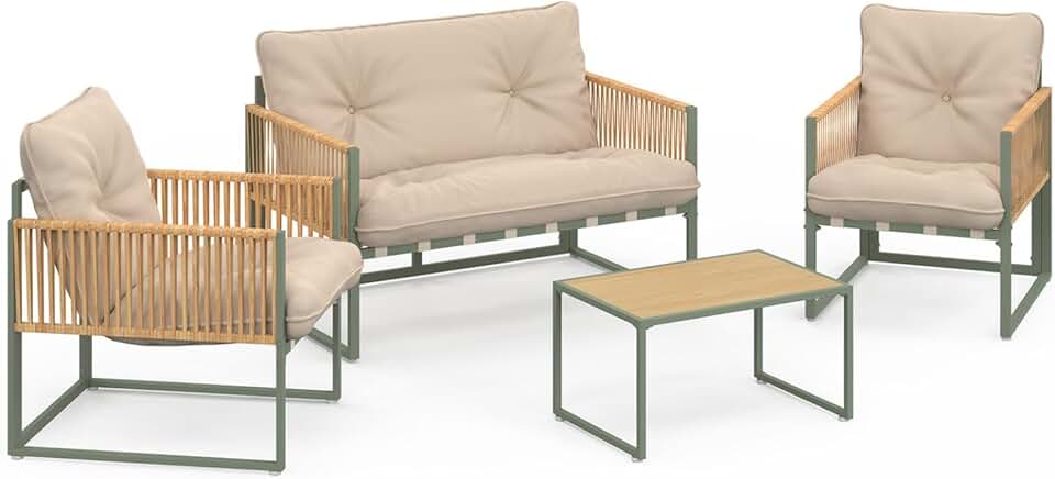 jardinite - Rio - salon bas 4 places métal vert, cordage rotin, coussins beige