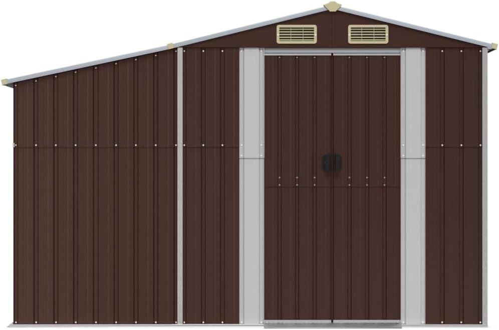 Abri de jardin en acier galvanisé, 277 x 279 x 179 cm, marron, avec espace de rangement généreux et support pour bois de chauffage, métal robuste pour outils de jardin et meubles, poignées de porte