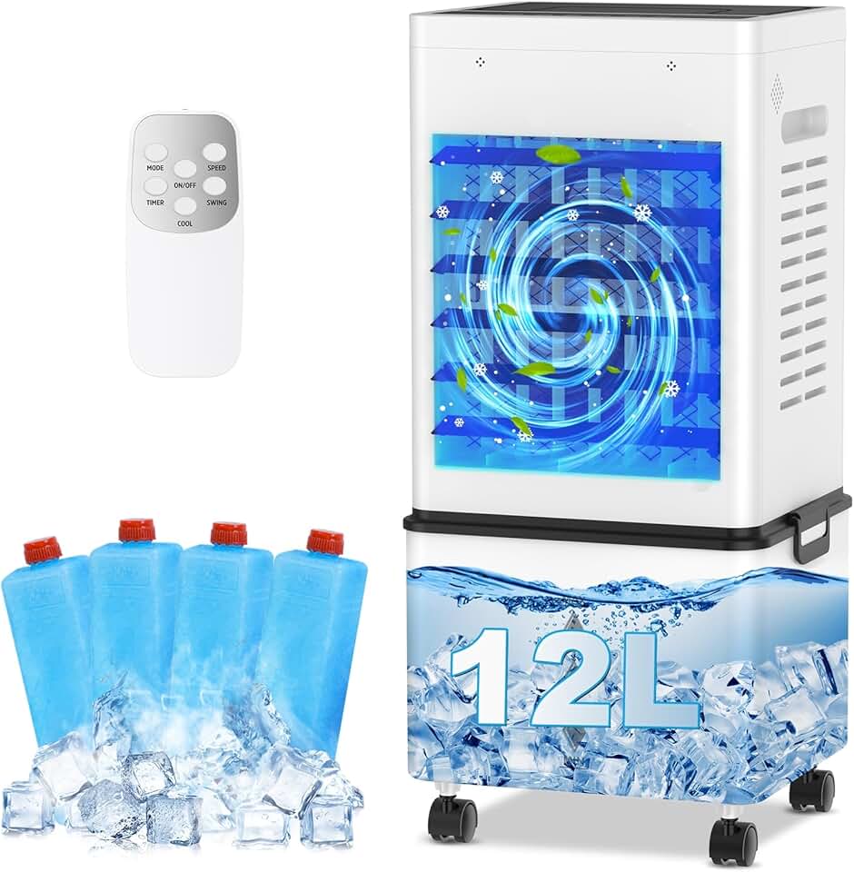 Climatiseur mobile - refroidisseur évaporatif 12 L - 6 vitesses, télécommande, minuterie 24h, 45W