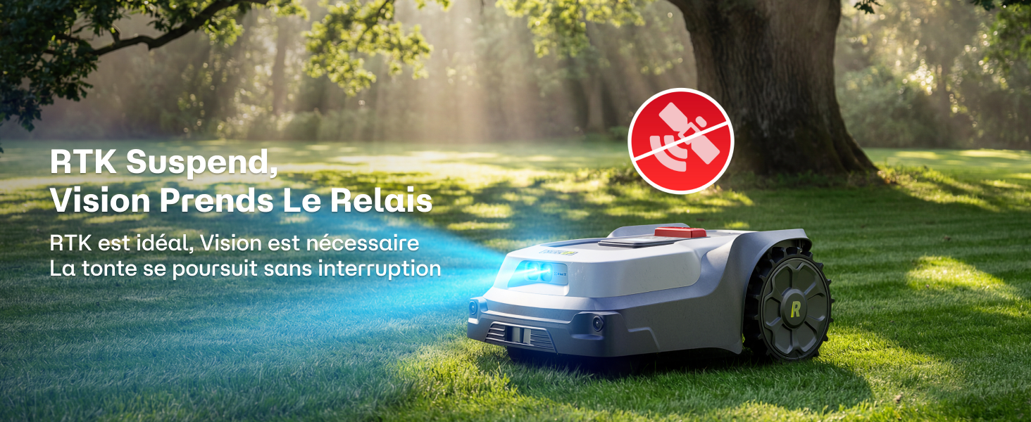 Le texte se lit comme suit : « BTK Suspension », « Vision Product & Release ». Image promotionnelle du produit à grand angle montrant une tondeuse à gazon robotique sur l'herbe avec des effets de lumière solaire.
