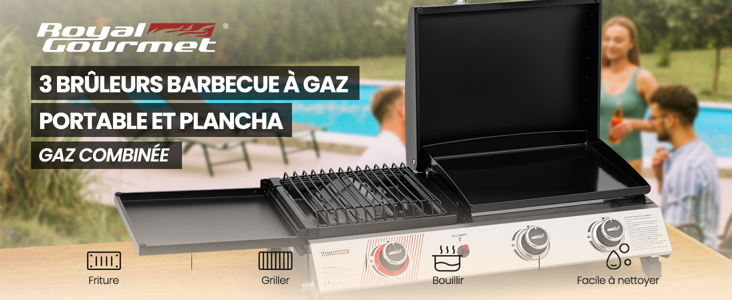 avec 3 brûleurs et plancha. Grande surface de cuisson avec couvercle ouvert, étagères latérales et roulettes pour le transport. Le texte en français décrit les fonctionnalités.