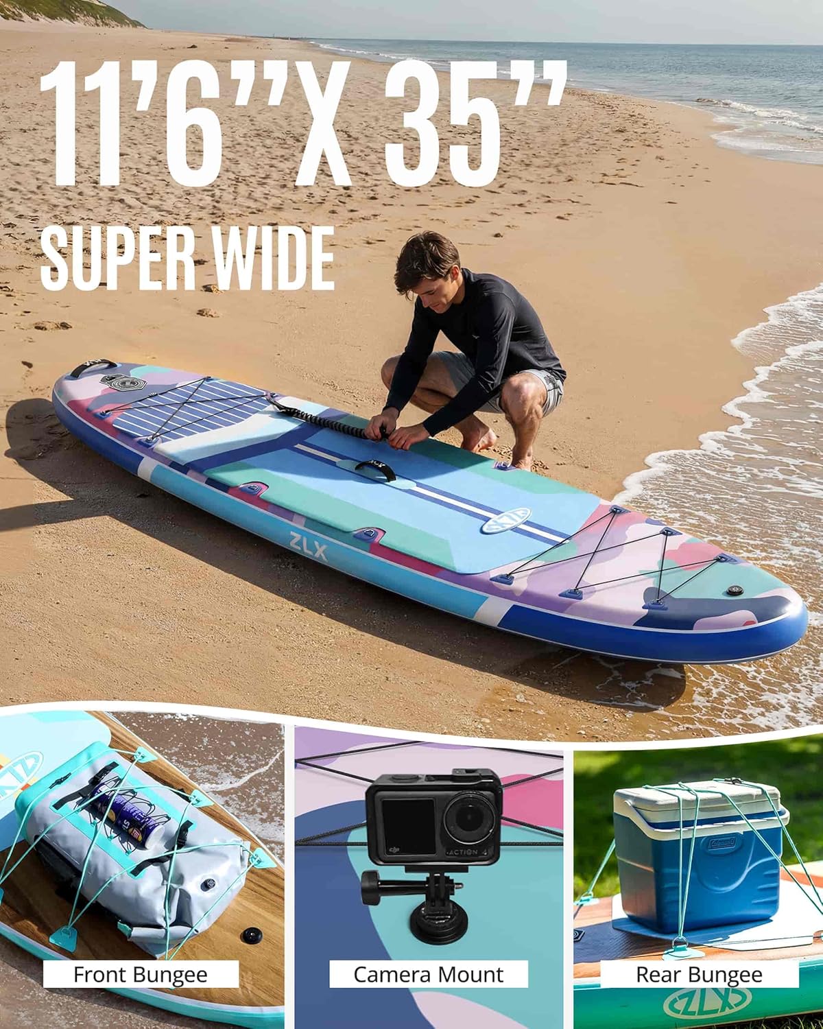 ZLX Paddle Gonflable 350 x 89 cm Extra Large Sup | Planche Stable Antidérapante, Aileron Amélioré, Accessoires Premium, Sac & Pompe Haute Pression, pour Adultes Tous Niveaux avec Siège Gonflable