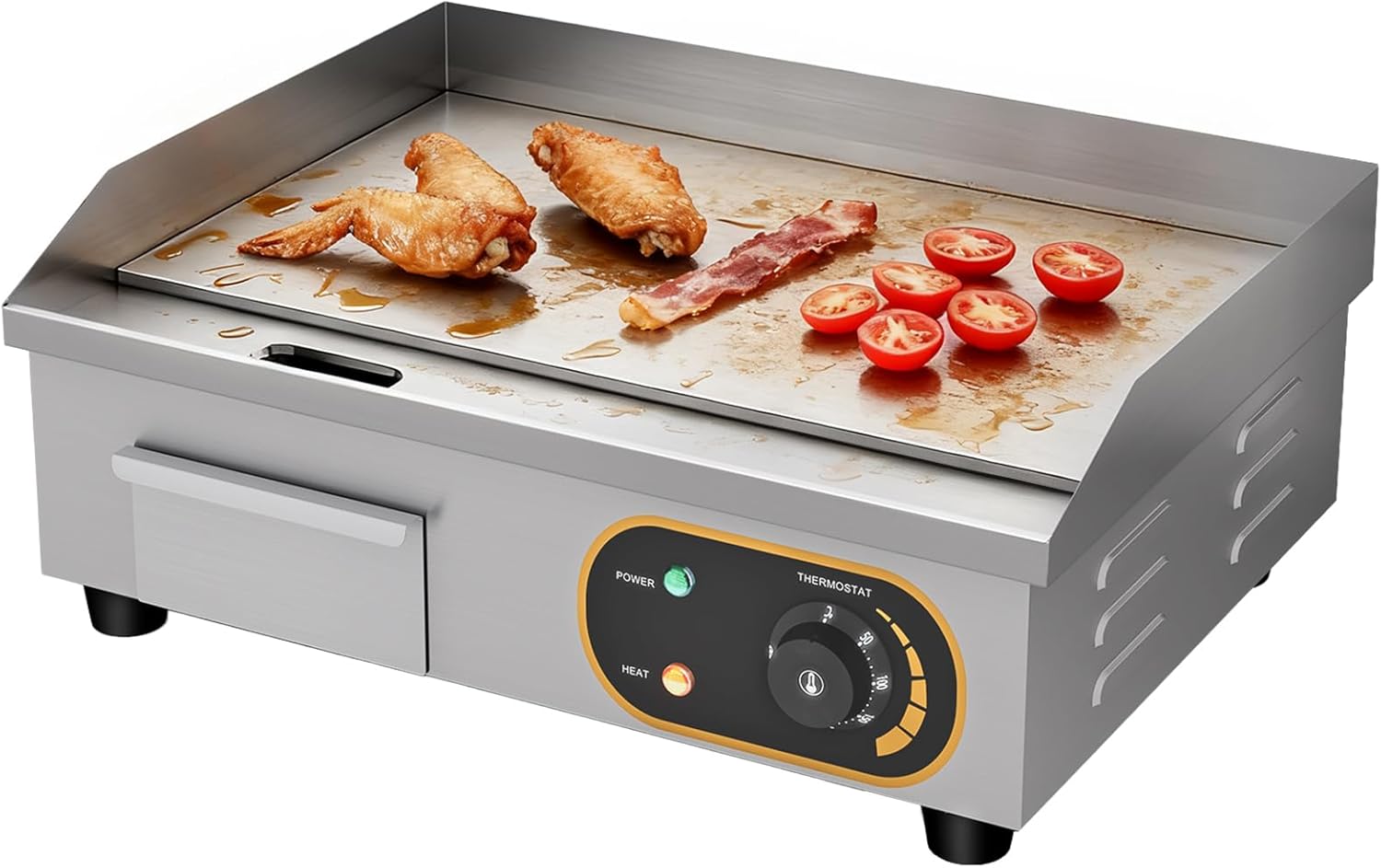 Plancha professionnelle électrique - Plaque inox lisse, 3000W, 50-300°C, bac à graisse, protection antiéclaboussures