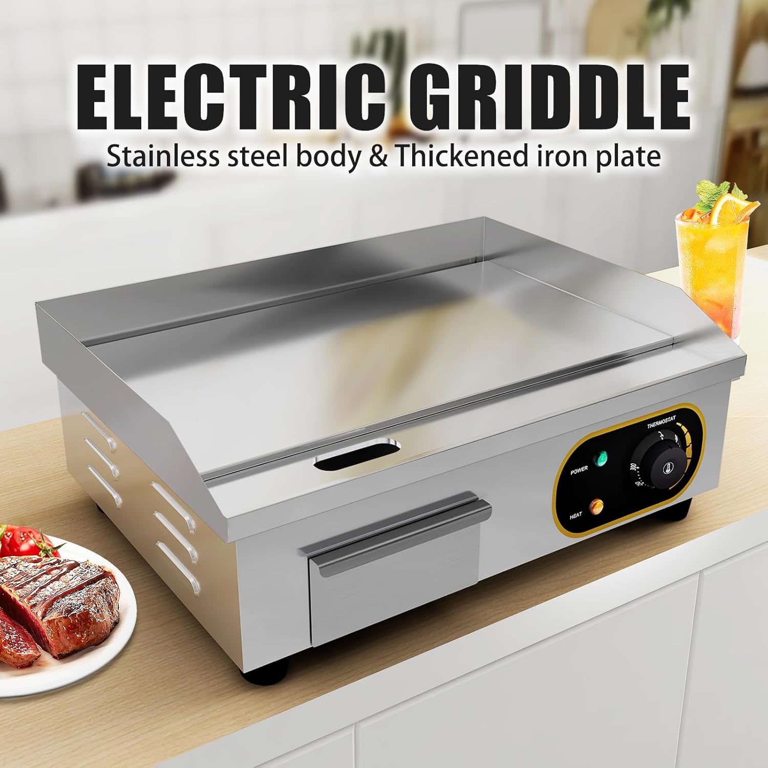 Plancha professionnelle électrique - Plaque inox lisse, 3000W, 50-300°C, bac à graisse, protection antiéclaboussures
