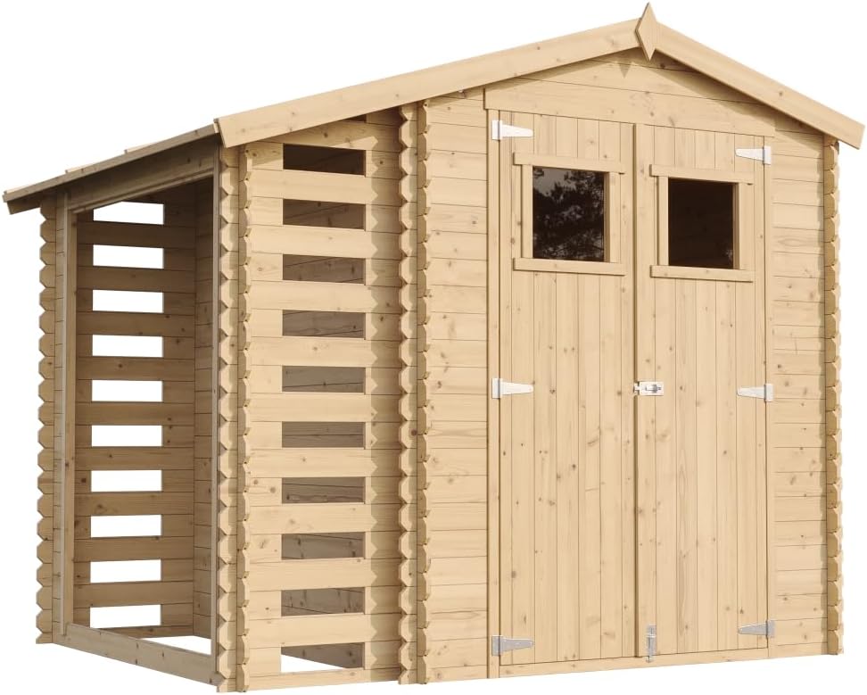 Abri de Jardin en Bois et Range bûches extérieur - Stockage extérieur I206xL272xH218 cm/ 3,53 + 0,97 m2 Petit abri à Outils, Local à vélos - jardinite M386