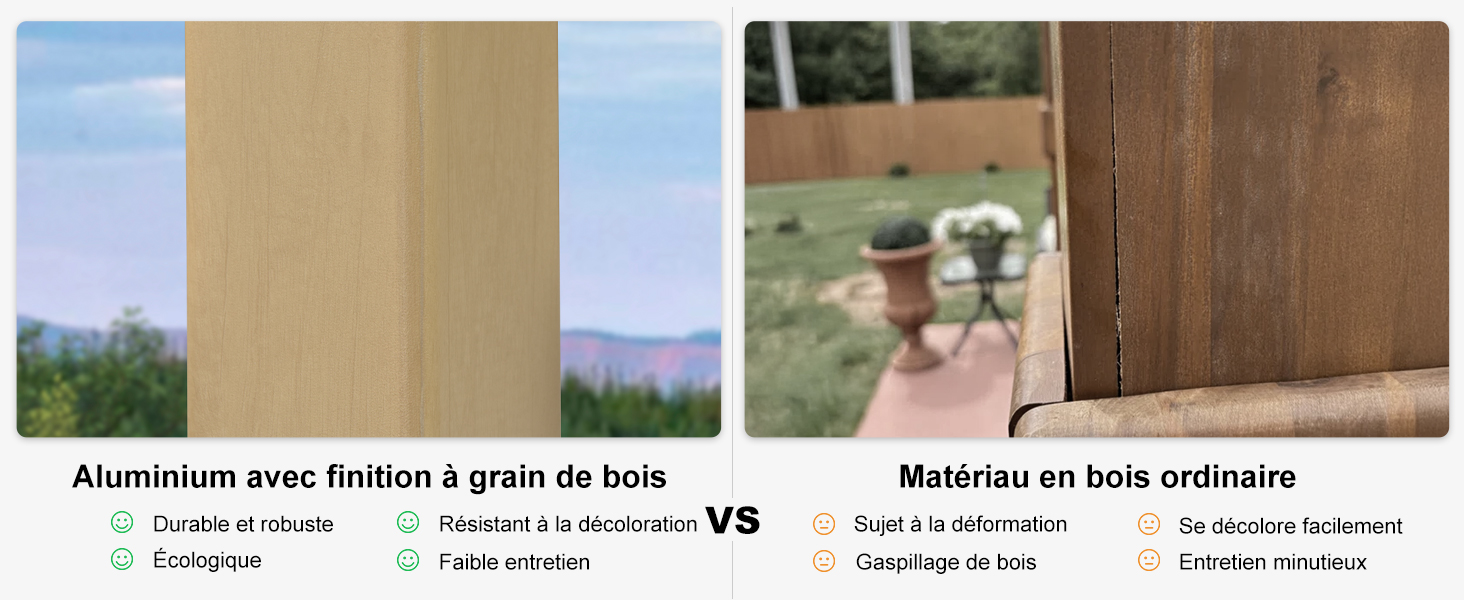 Image de comparaison montrant deux matériaux de cadre de fenêtre : un cadre en aluminium avec finition en bois à gauche et un cadre en bois traditionnel à droite