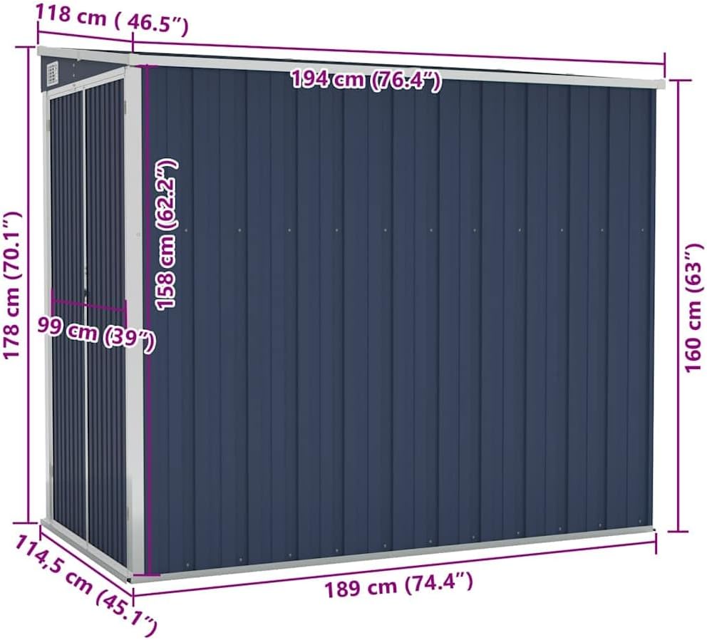 jardinite Abri de Jardin Mural Anthracite 118x194x178 cm Acier