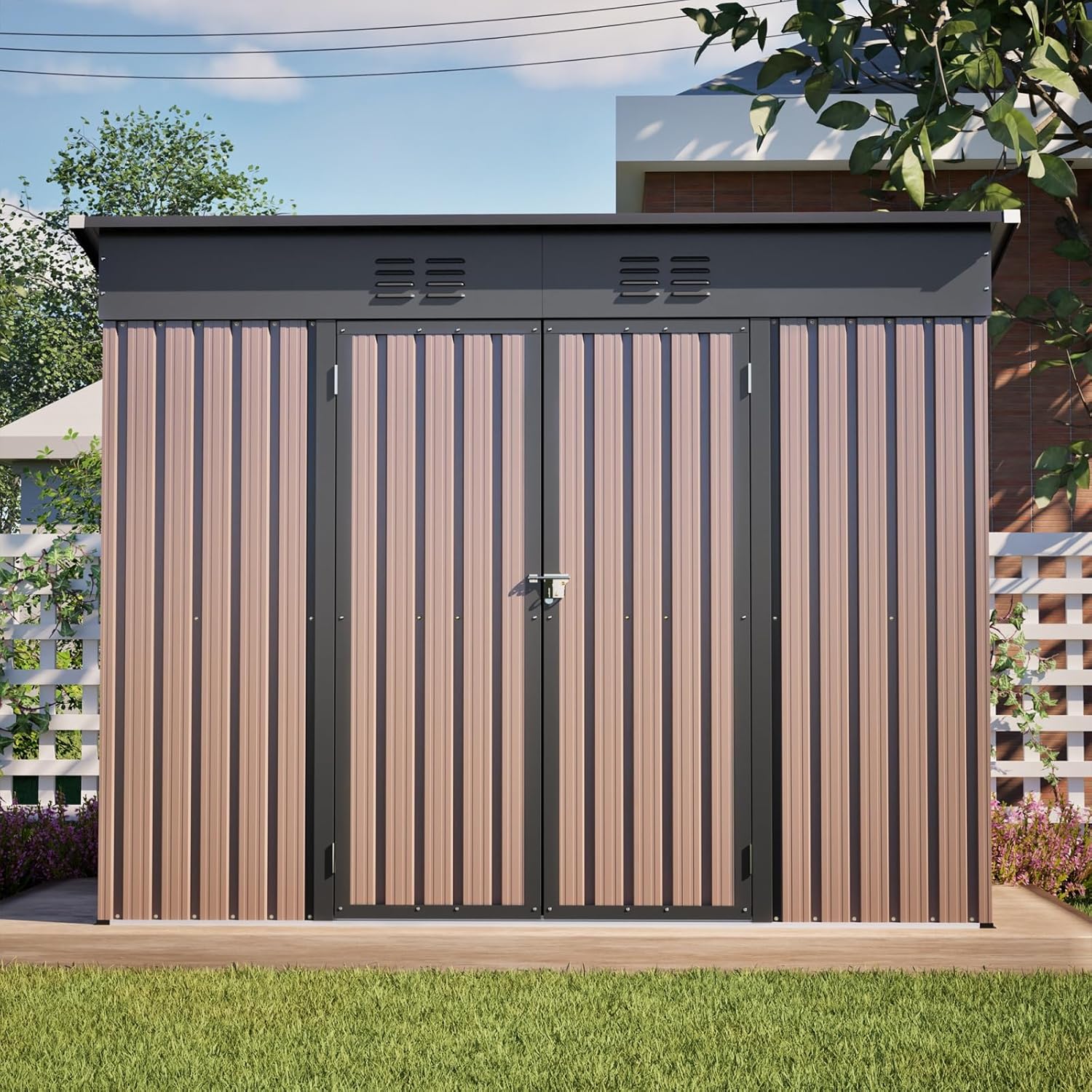 Abri de Jardin Métal - 8x4 FT - fondation incluse, toit incliné, résistant intempéries, marron