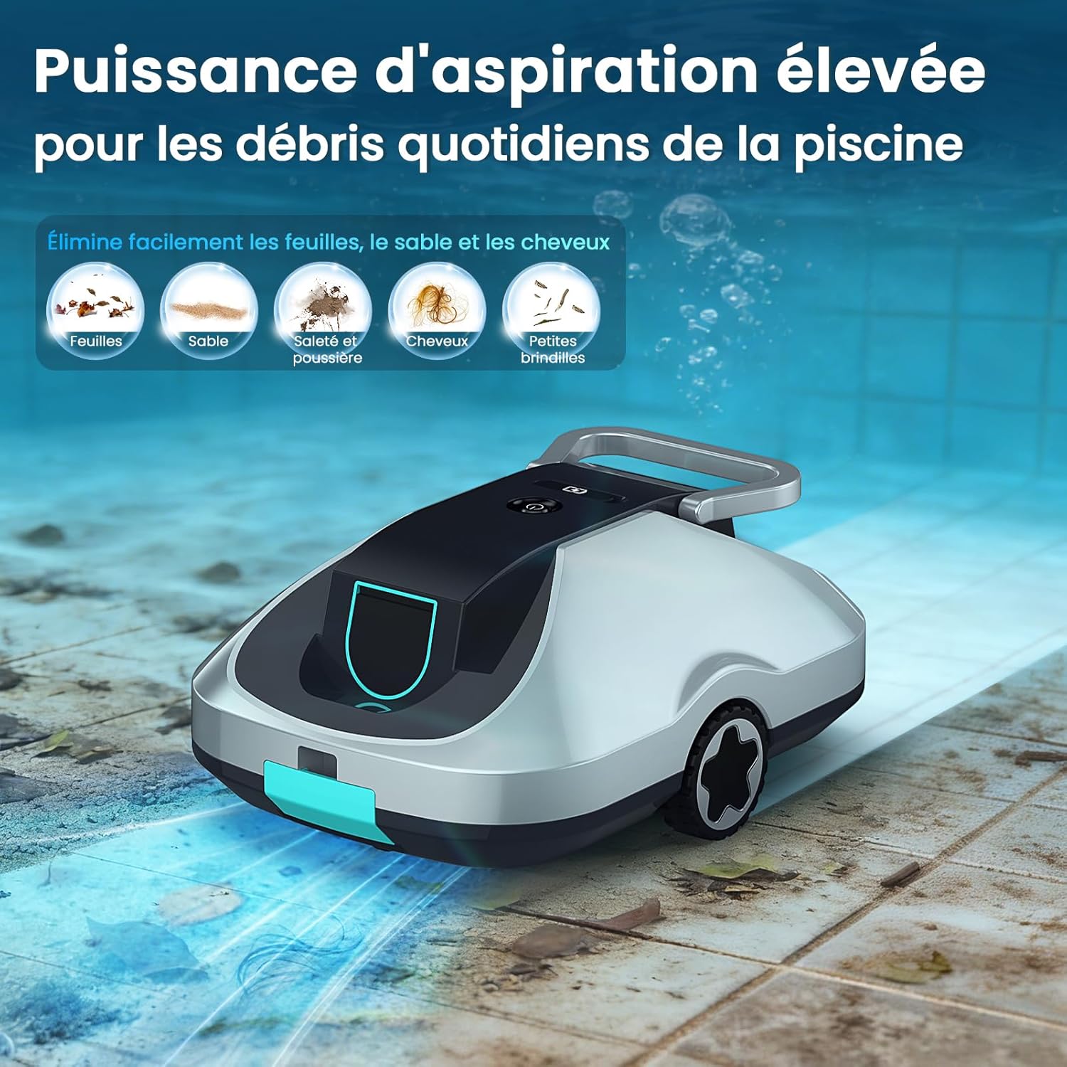 Robot piscine sans fil - compact, 200min autonomie, filtration fine, 232m²