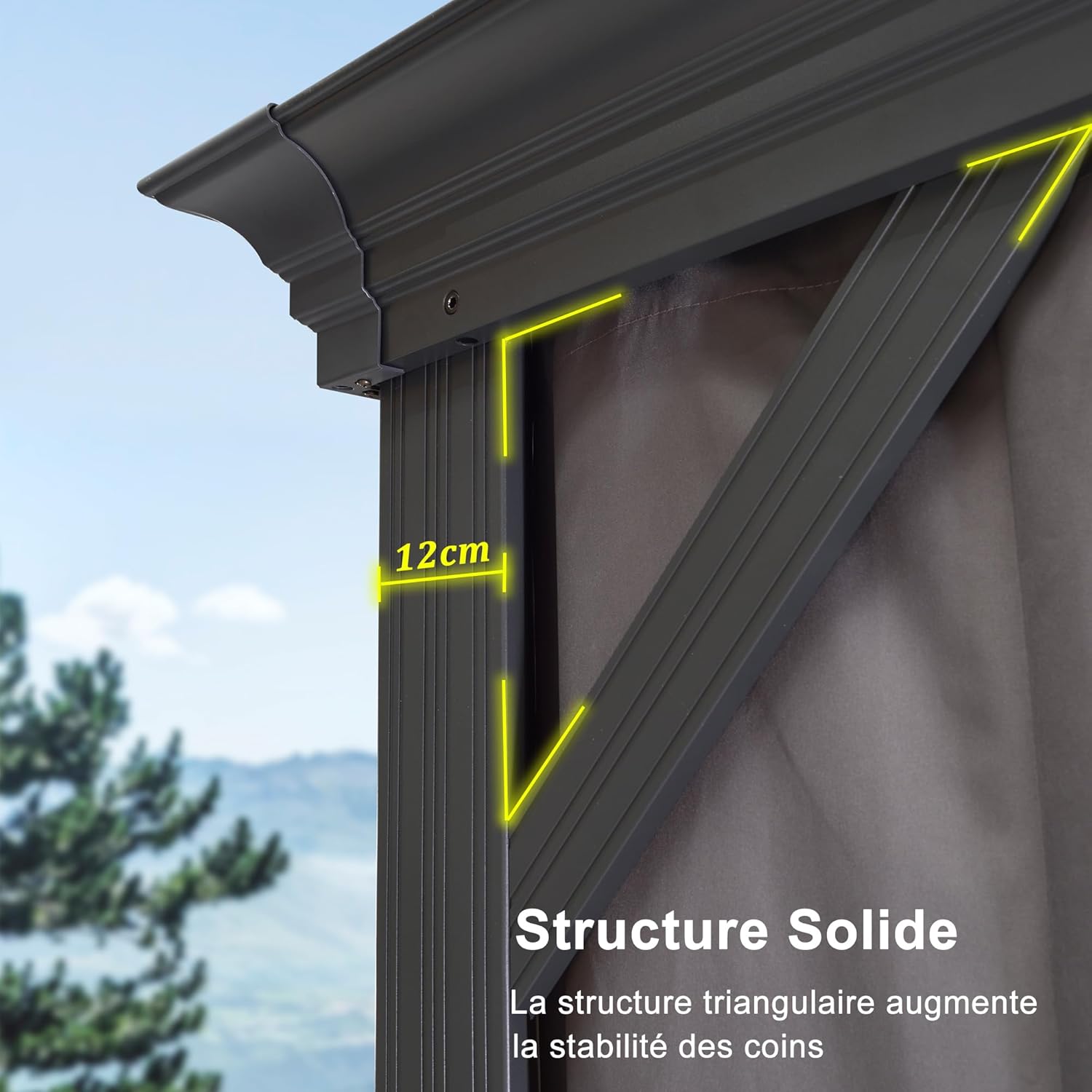 jardinite - tonnelle aluminium - 6x3,65m - LED, rideaux, gouttière, gris