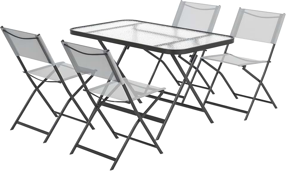jardinite - Ensemble de jardin 5 pcs - chaises pliables, table verre, gris