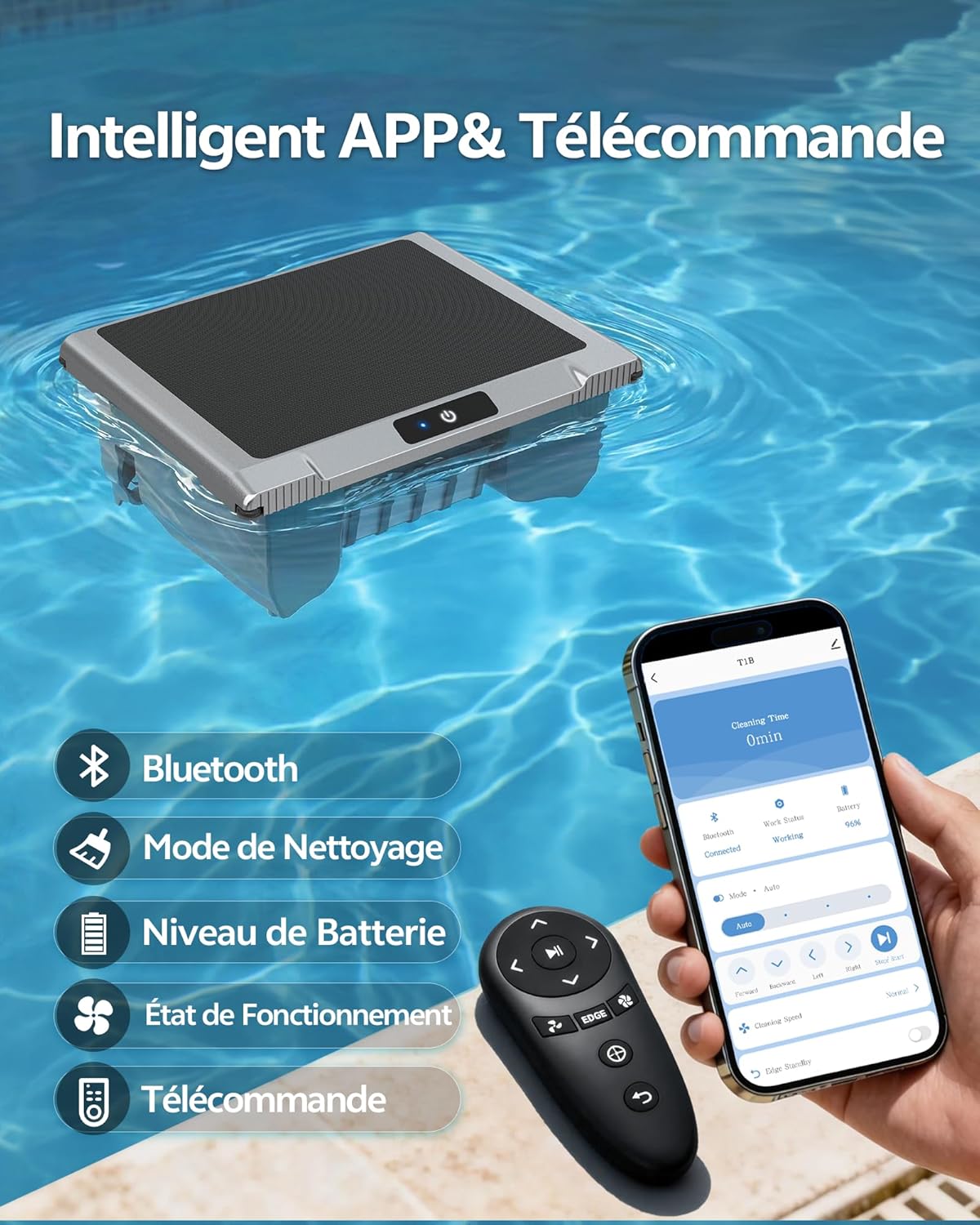 T1B Robot Nettoyeur Skimmer Solaire Robot de Surface Piscine, avec Nettoyage 24h/7, Double Modes de Recharge, Retour Automatique à la Base, adapté aux piscines Enterrées et Hors Sol (Gris)