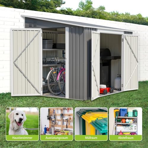 Abri de jardin avec toit à pignon, remise à outils 6x8 pieds, abri à outils en métal avec double portes et serrure, résistant aux intempéries avec sol, pour vélos et outils de jardin, gris