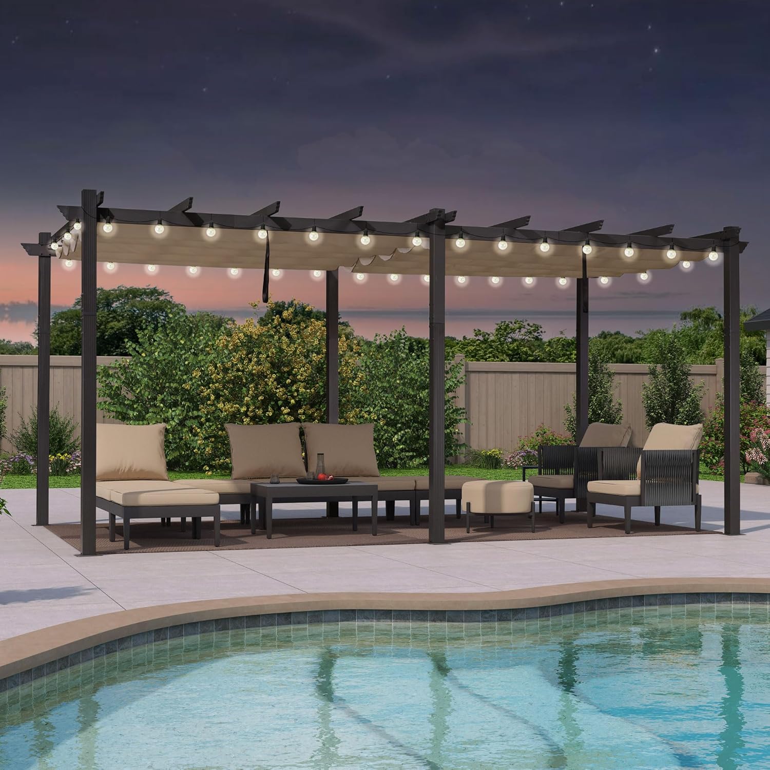 jardinite - pergola aluminium 5,5x3,5m toit rétractable LED kaki