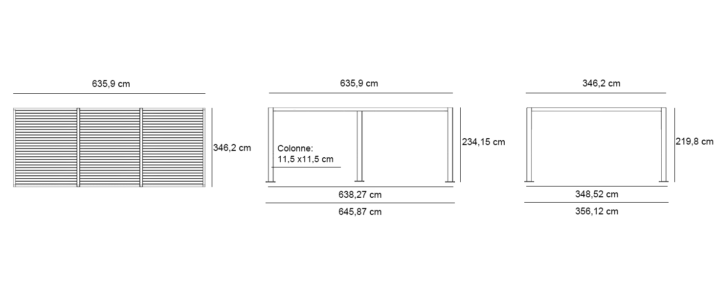 Schéma technique montrant les dimensions d'une structure rectangulaire à trois panneaux. Les mesures en centimètres sont fournies pour la largeur, la hauteur et la profondeur sous plusieurs angles.