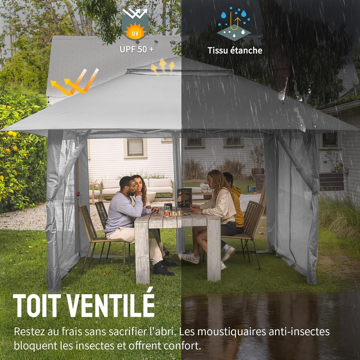 jardinite - tonnelle jardin pop up - 4x4 m - double toit, côtés maille, hauteur réglable