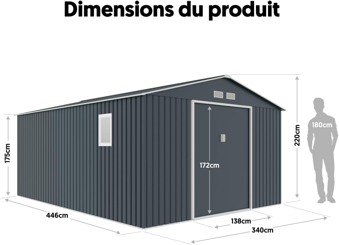 Abri de jardin acier galvanisé 15,16m², kit ancrage INOX