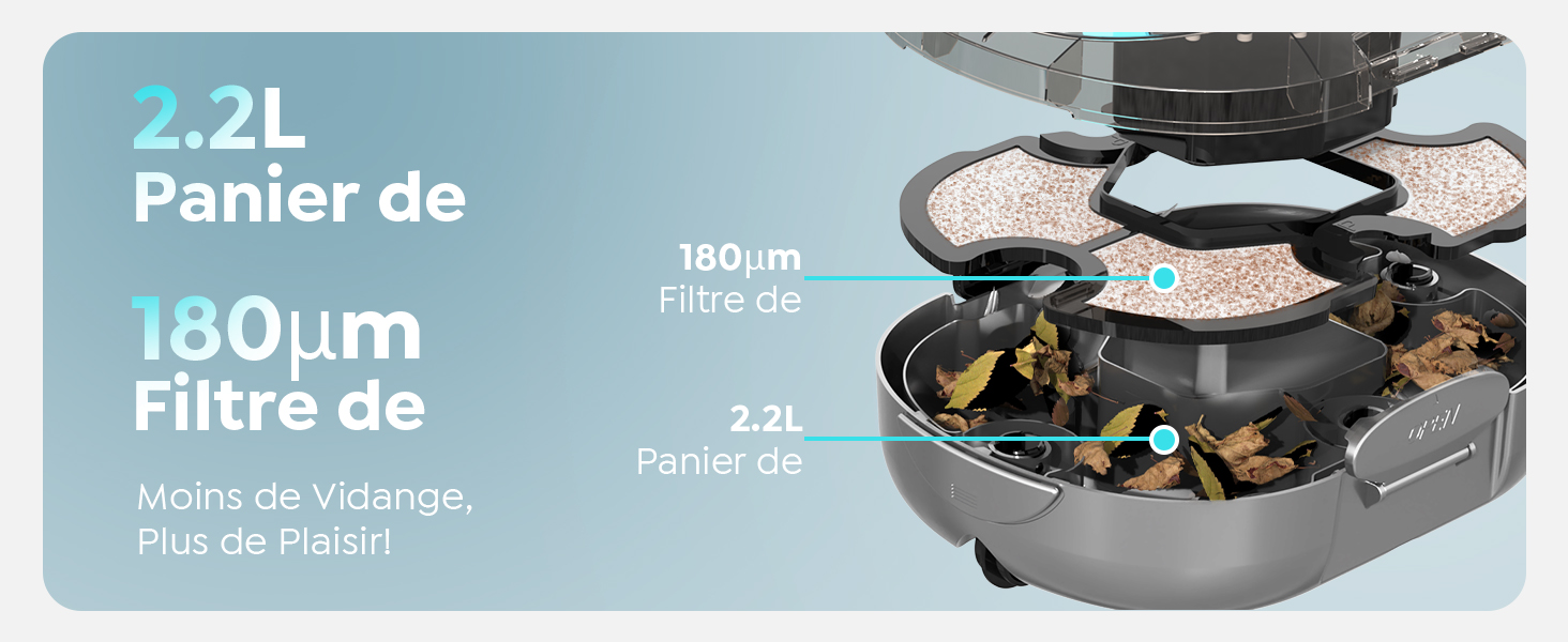 Schéma du produit montrant les composants du filtre avec le texte « 180 μm » et « Panier de » visibles. Illustration technique d'un système de filtration avec vue en coupe montrant les mécanismes internes.