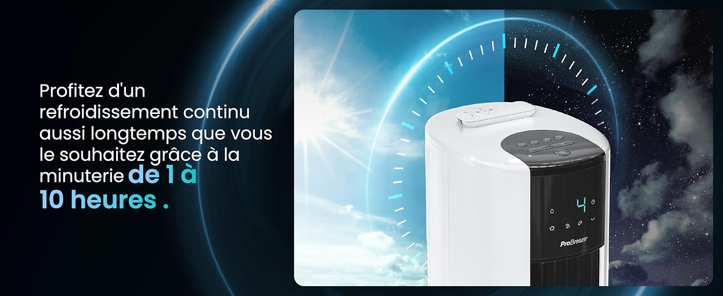 Dispositif de refroidissement de type tour blanche sur fond sombre avec effets d'éclairage bleu, doté d'une interface d'affichage numérique de la minuterie