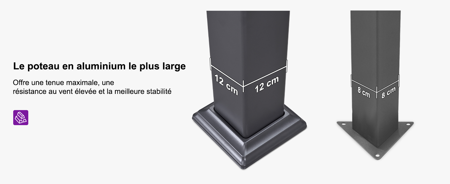 Deux poteaux en aluminium à base carrée, présentant des dimensions de 12 cm de largeur. Le texte en français indique qu'il s'agit des poteaux en aluminium les plus larges disponibles.