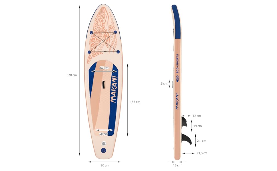 jardinite Planche stand up paddling abricot Makani 320x80x15 cm SUP gonflable Planche paddle surf