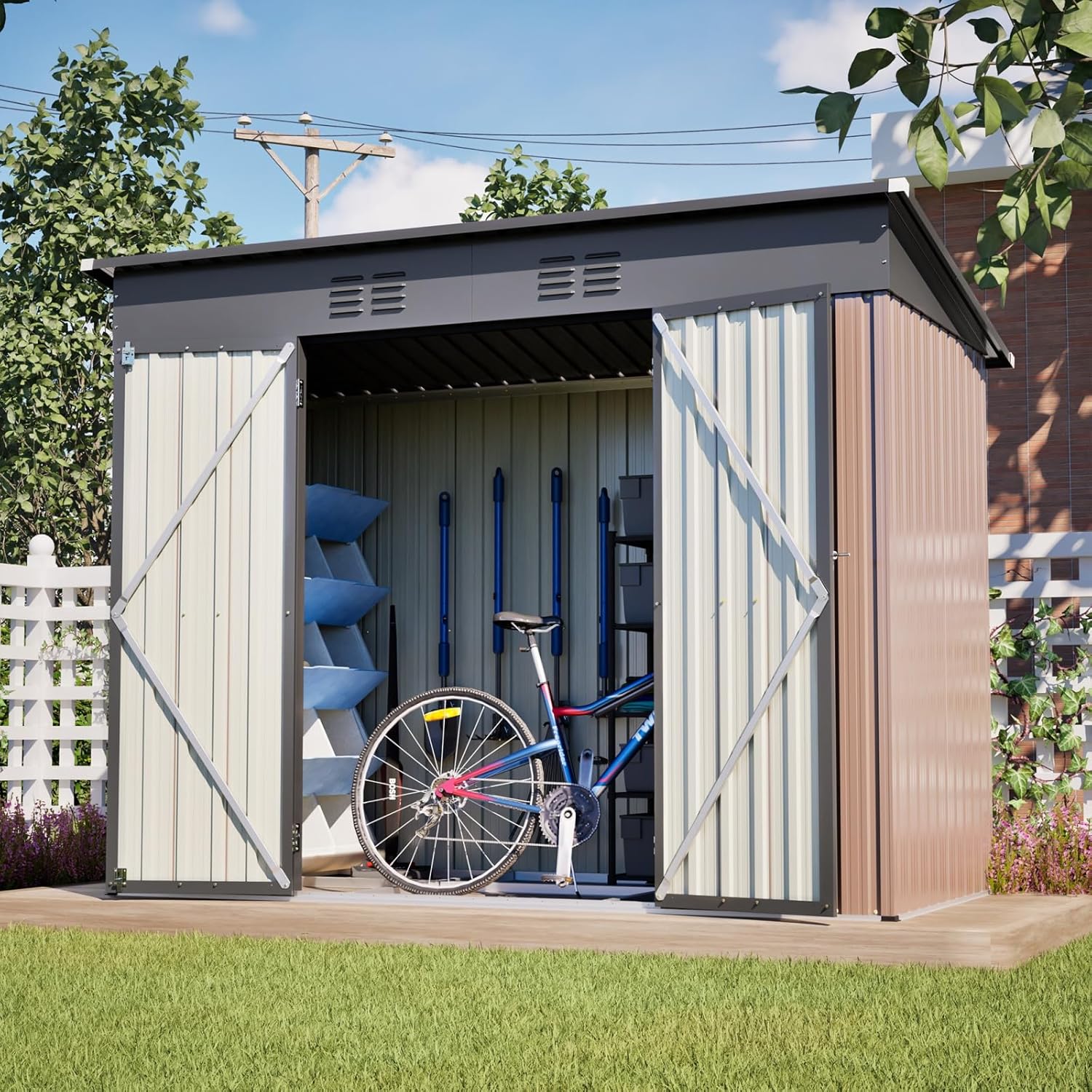 Abri de Jardin Métal - 8x4 FT - fondation incluse, toit incliné, résistant intempéries, marron