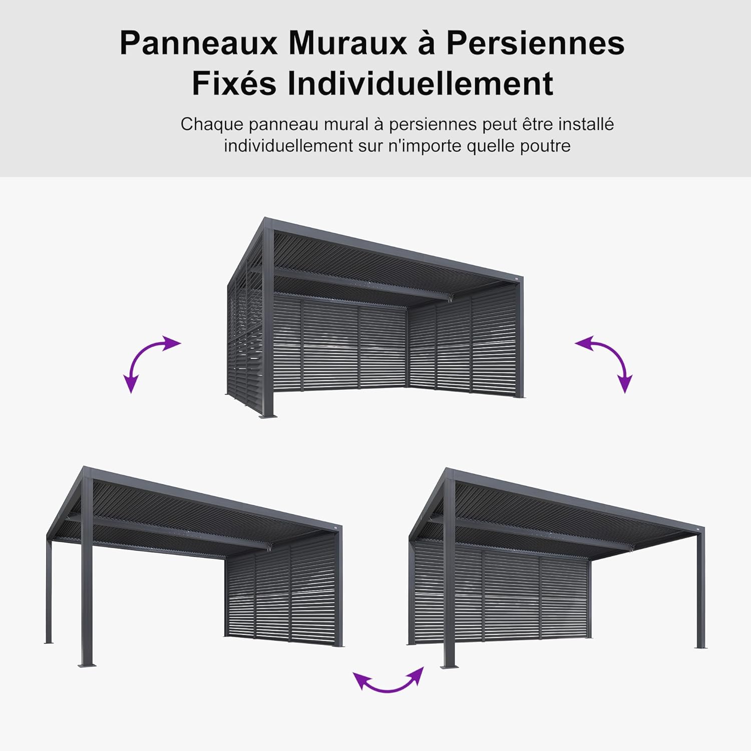jardinite - Pergola bioclimatique série aluminium - 4,8x3,68m - lames orientables, persiennes fixes, gris