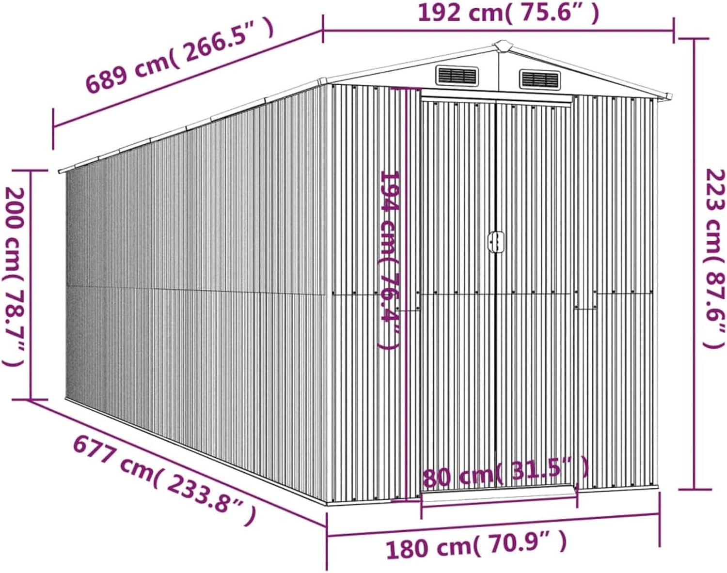 Abri de jardin extérieur en acier galvanisé vert 192 x 689 x 223 cm