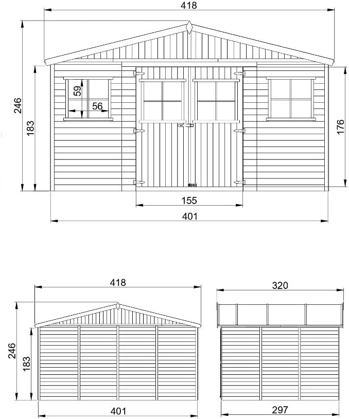 Abri de Jardin en Bois Exterieur avec Plancher IMPRÉGNÉ- Chalet en Pin/épicéa-H246x418x320 cm/12 m²- Construction de Panneaux - Rangement pour vélos, Remise à Outils- jardinite M331+M331G