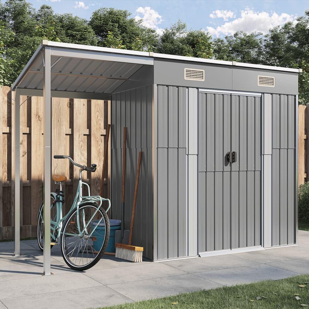 Abri de Jardin avec Toit prolongé Gris Clair 277x110,5x181 cm,Abris De Jardin,Abri De Stockage pour Jardin,Abri D'Outils De Jardin