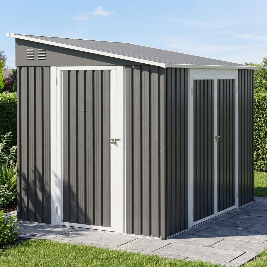 Abri de Jardin Métal 1,8 x 2,4 m – Double Porte Verrouillable avec Sol Inclus – Résistant aux Intempéries pour Rangement des Outils de Jardinage, Tondeuse et Vélo