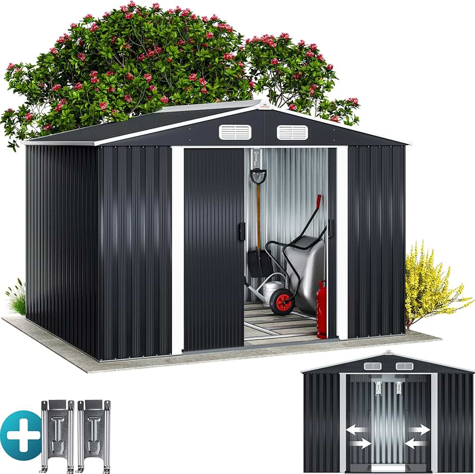 Abri jardin métal XXL - 260x205x180cm - Porte coulissante, fondation, rangement outils -  jardinite