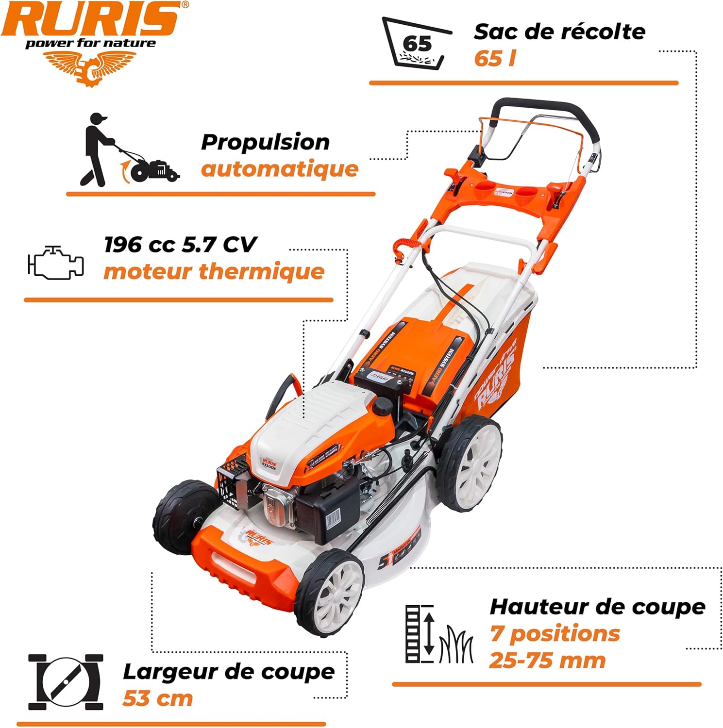 jardinite Tondeuse à Gazon Thermique 5 en 1 Mulching 5,7 CV 196cc RX500S, Orange