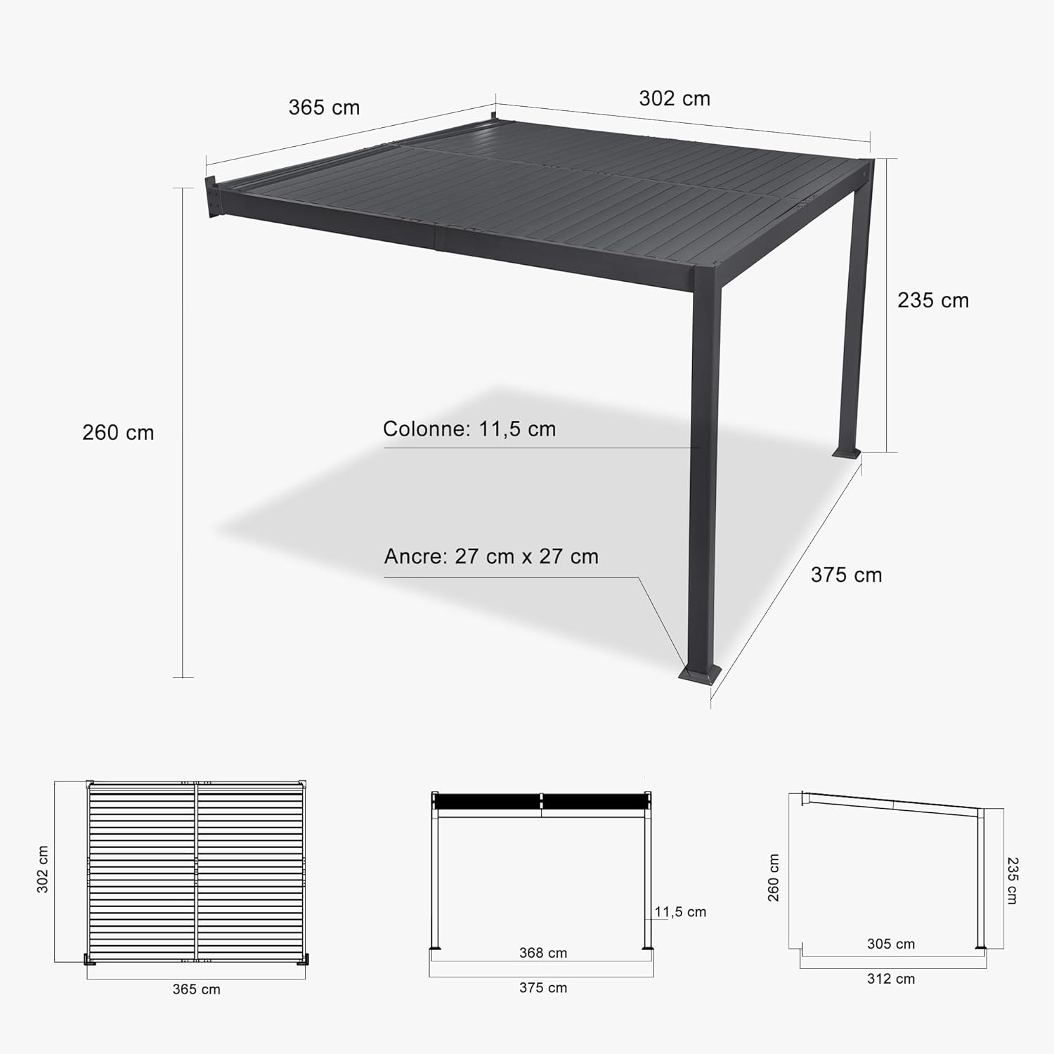 jardinite - Pergola adossée 3x3.65m aluminium lames orientables durable